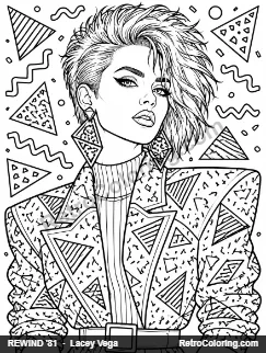 Coloring page: woman with a spiky 80s haircut, triangle earrings and a patterned shoulder-pad blazer against a Memphis-style background