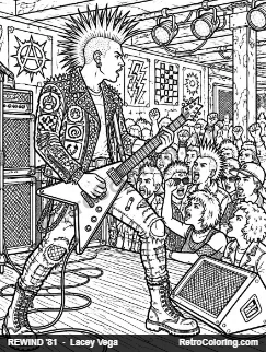 Coloring page: punk guitarist with a spiked mohawk and studded jacket playing to a packed club crowd