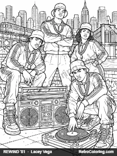 Coloring page: four hip-hop dancers in tracksuits and bucket hats with a boombox and turntable in front of a city skyline