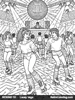 Coloring page: roller-rink skaters in leg warmers dancing under a mirror ball